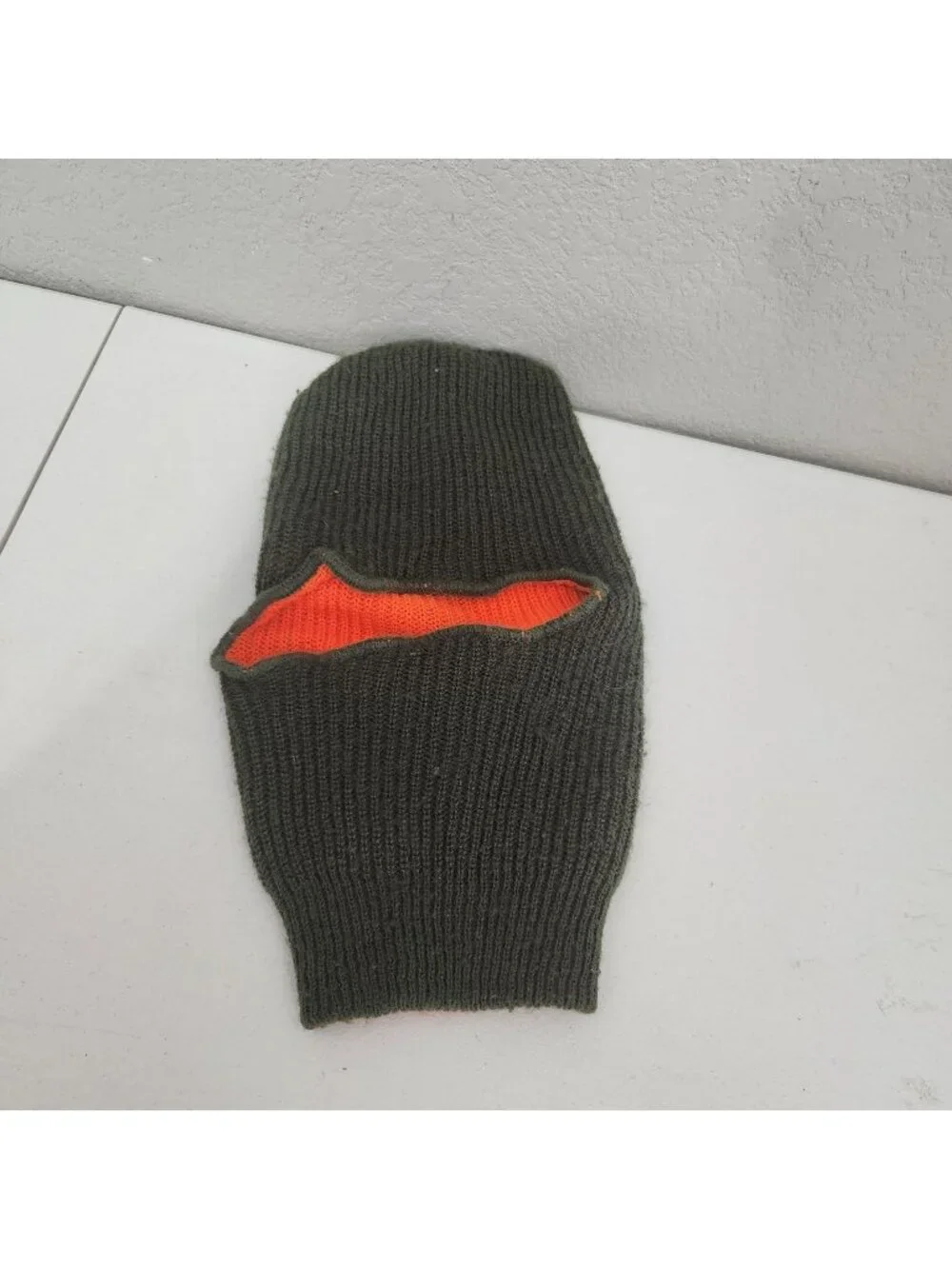 Reversible Olive Green & Orange Knit Balaclava Face Mask Ribbed Winter Hunting
